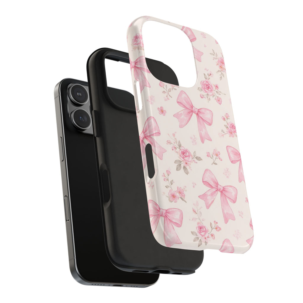 Pink Bow Floral Phone Case, Cute Vintage Rose Pattern