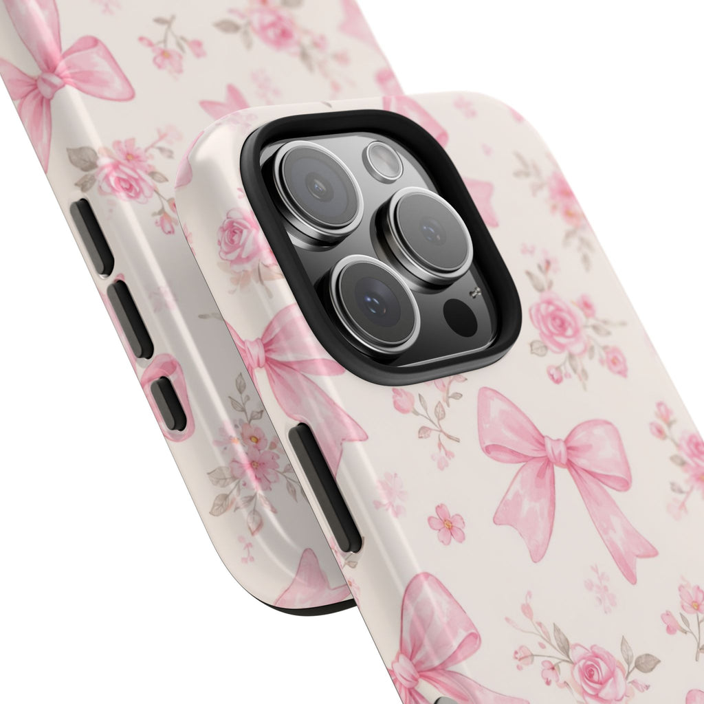 Pink Bow Floral Phone Case, Cute Vintage Rose Pattern