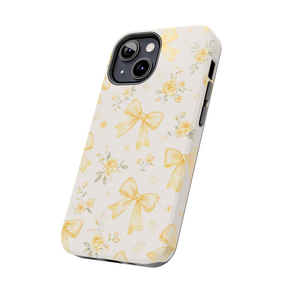 Yellow Bow Floral Phone Case, Cute Yellow Ribbon Pattern