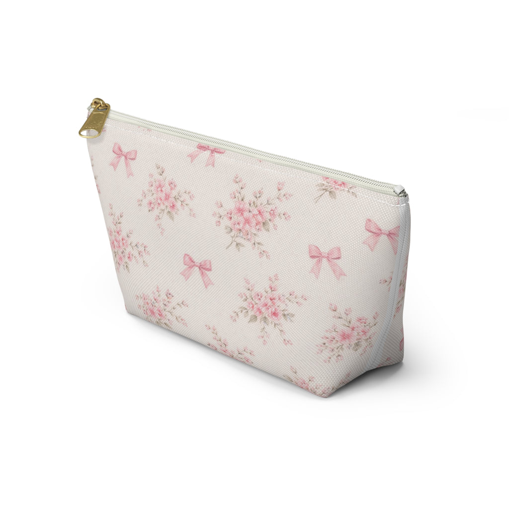 Pink Floral Bow Pattern Accessory Pouch | Makeup Bag, T-Bottom