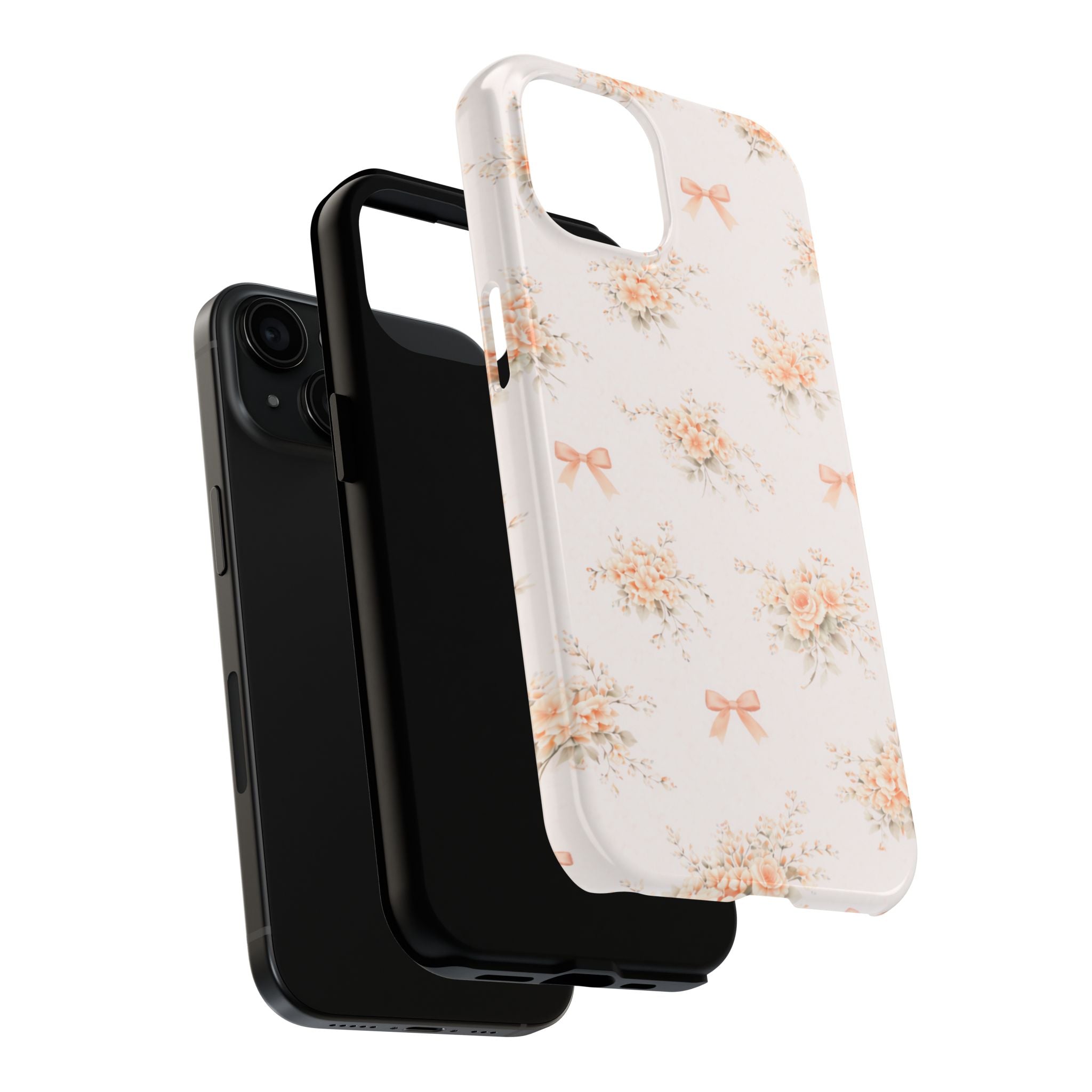 Vintage Peach Floral Bouquet iPhone Case, Tough Pastel Bow Pattern