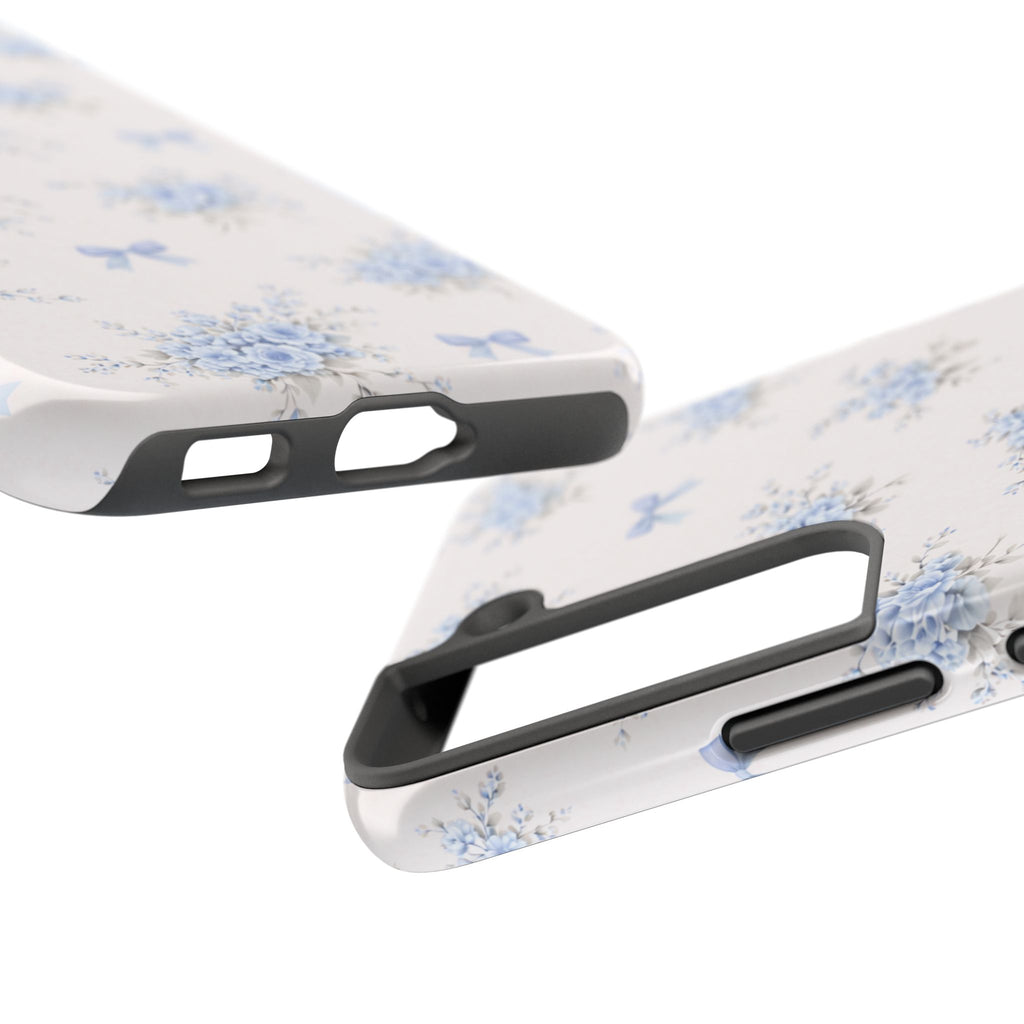 Blue Floral Bows Tough Samsung Galaxy Phone Case, Vintage Bouquet Pattern