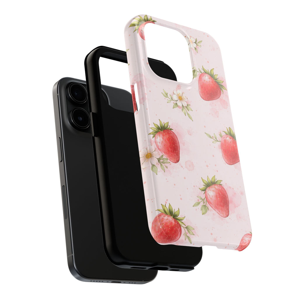 Watercolor Strawberry Phone Case, Pink Floral Fruit Pattern