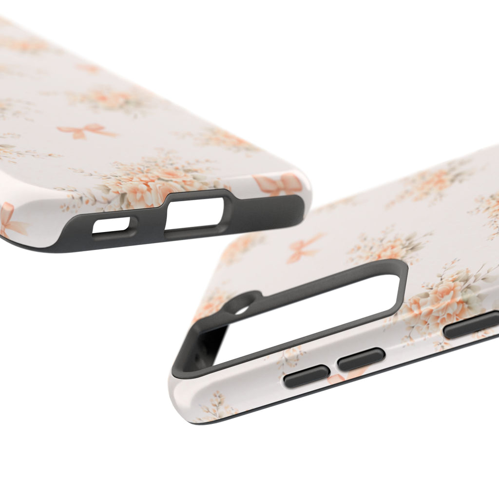 Vintage Peach Floral Bouquet Samsung Galaxy Case, Bow Pattern Pastel Floral