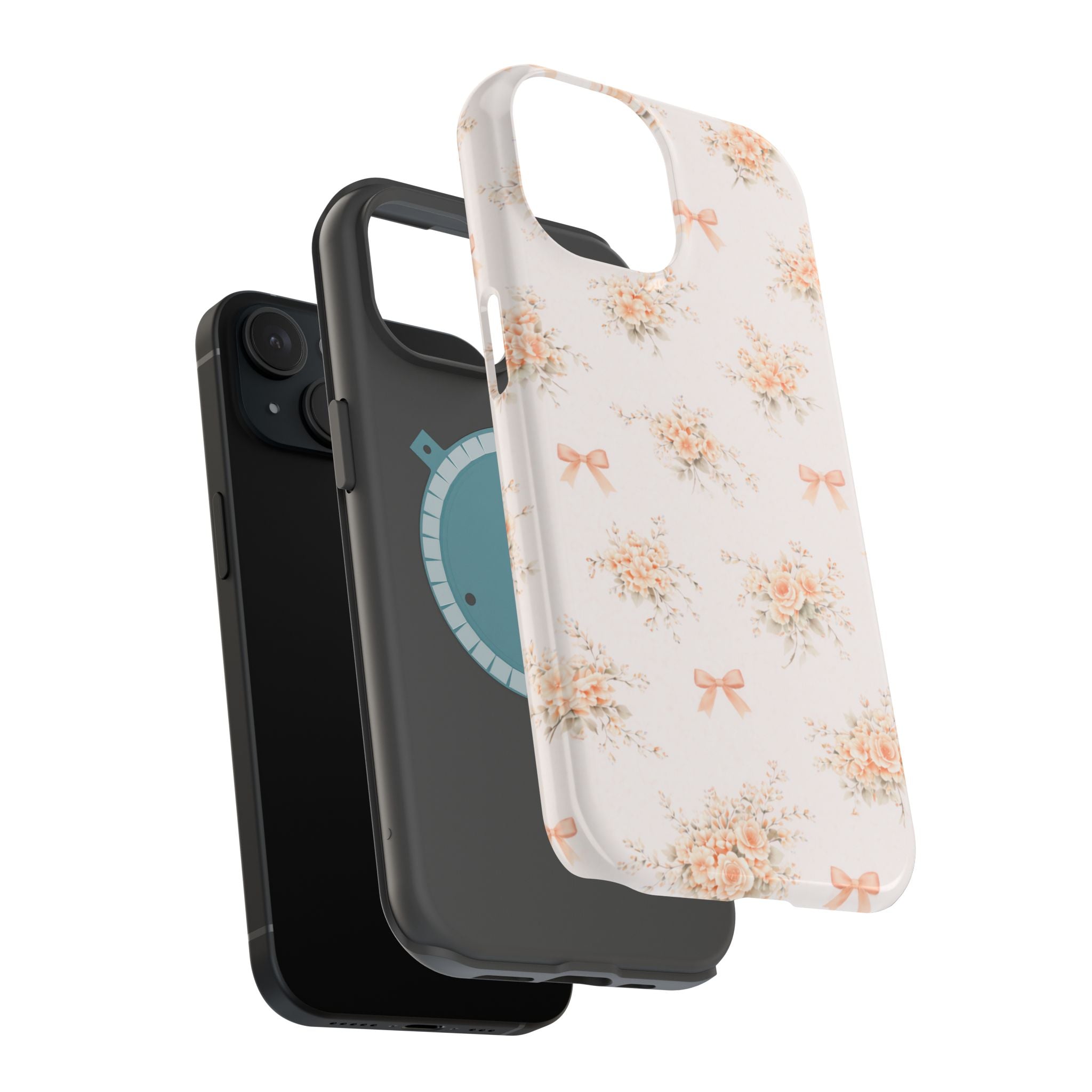 Vintage Peach Floral Bow iPhone Case | Magnetic Impact-Resistant Case