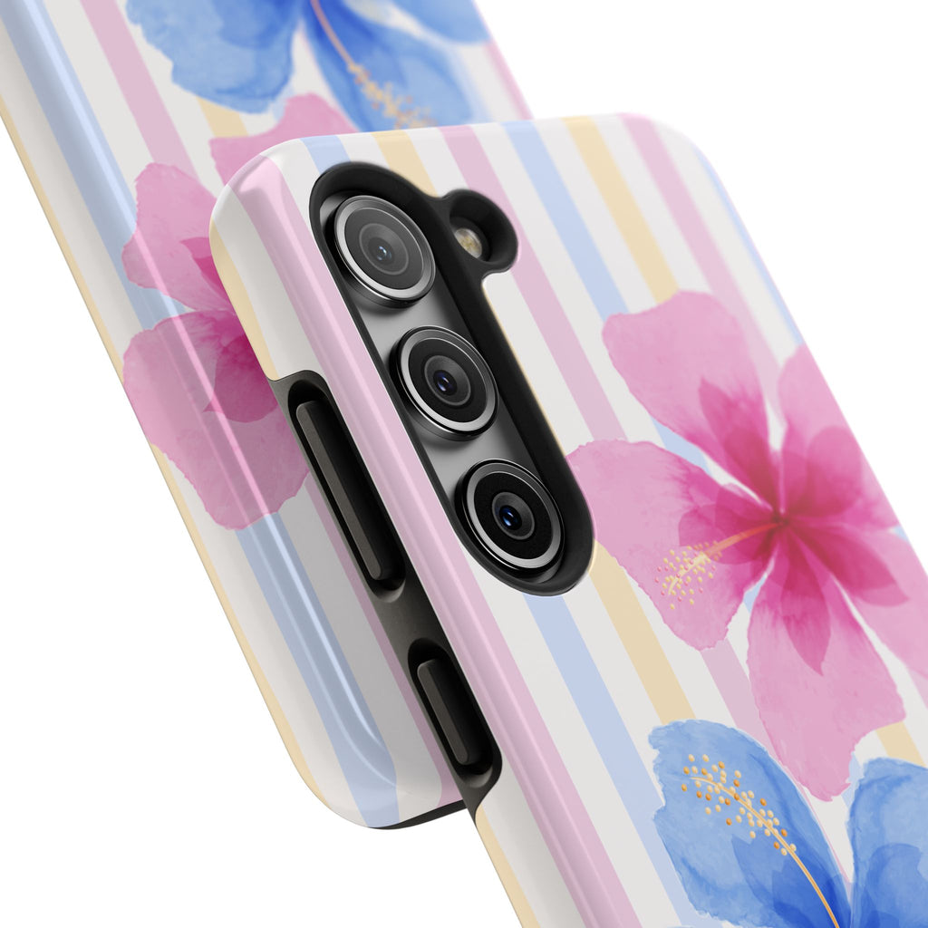 Hibiscus Stripe Tough Samsung Case – Pink & Blue Floral Protective Cover
