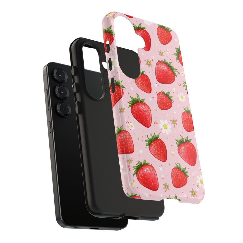 Pink Floral Strawberry Tough Phone Case, Fruit Pattern