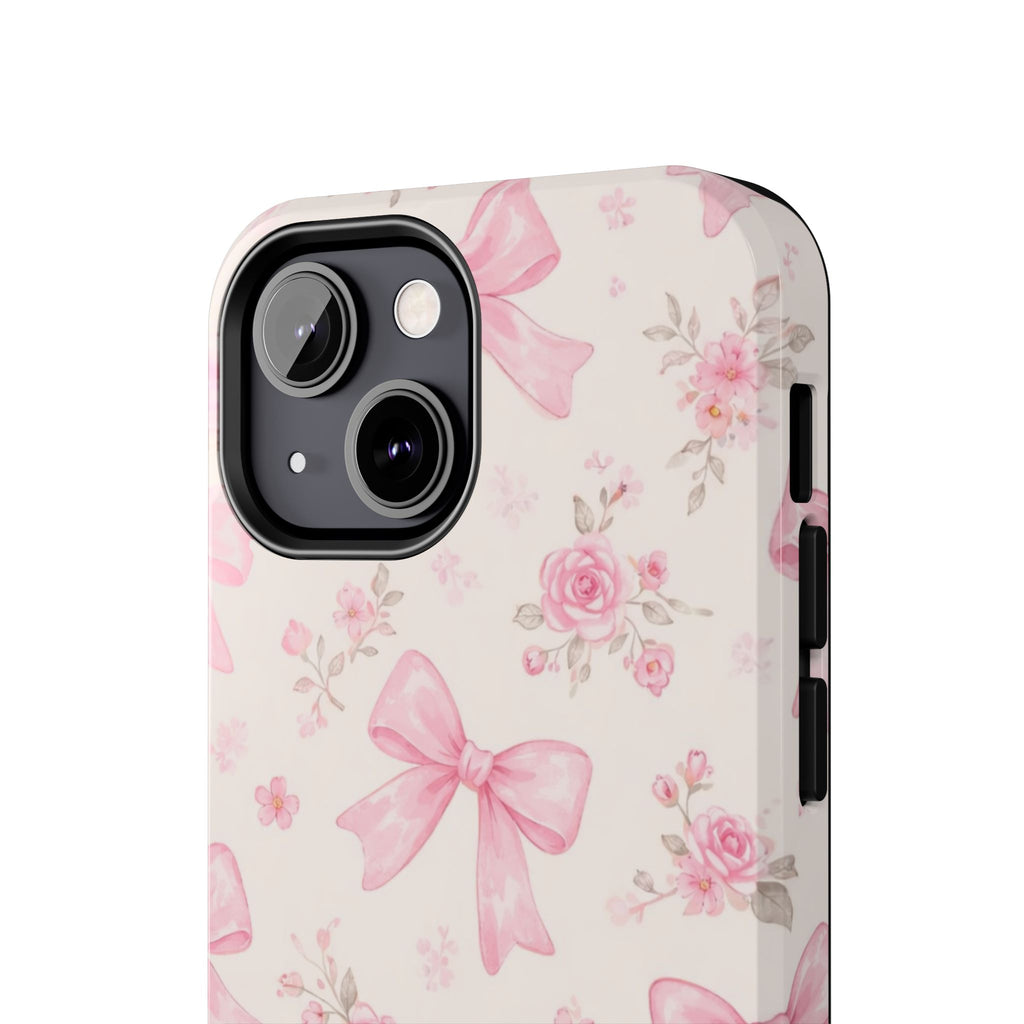 Pink Bow Floral Phone Case, Cute Vintage Rose Pattern