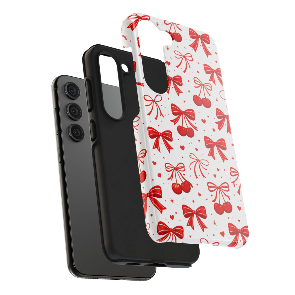 Red Bows and Cherries Tough Phone Case, Cherry Bow Pattern