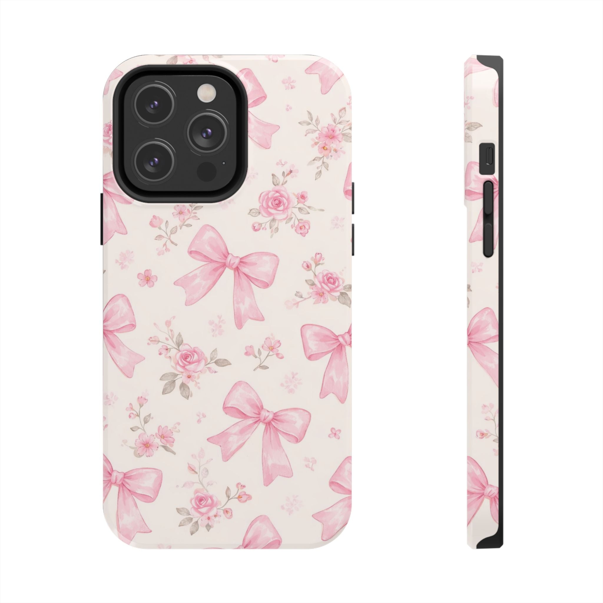 Pink Bow Floral Phone Case, Cute Vintage Rose Pattern
