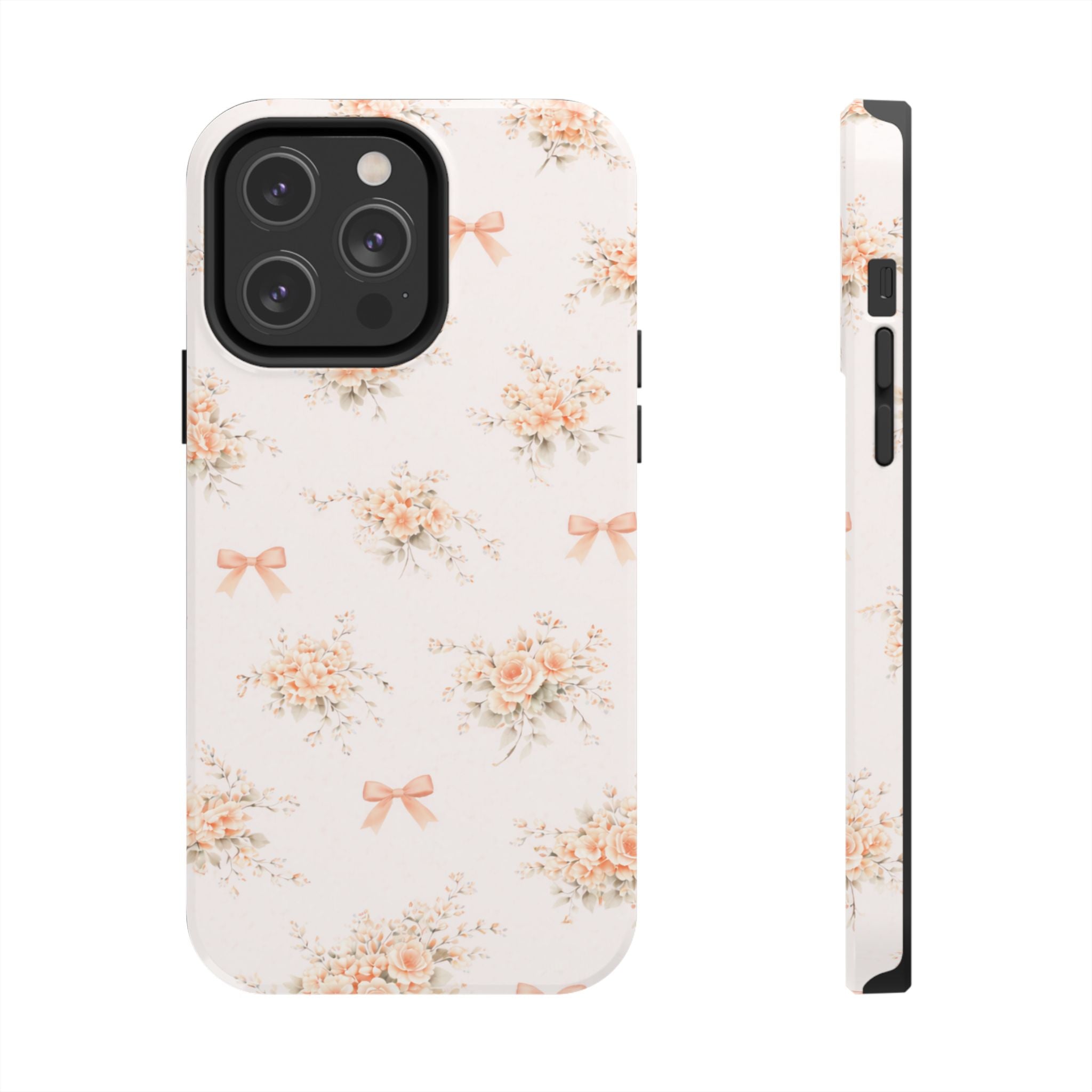 Vintage Peach Floral Bouquet iPhone Case, Tough Pastel Bow Pattern