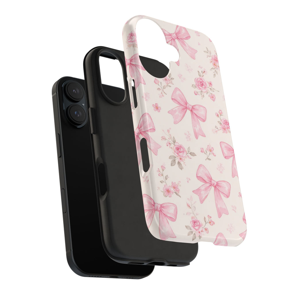 Pink Bow Floral Phone Case, Cute Vintage Rose Pattern