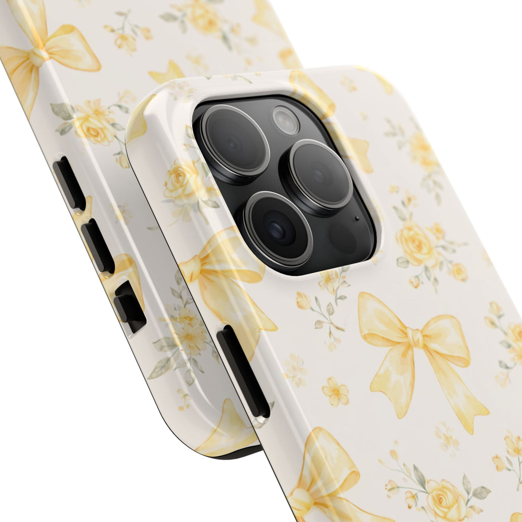 Yellow Bow Floral Phone Case, Cute Yellow Ribbon Pattern