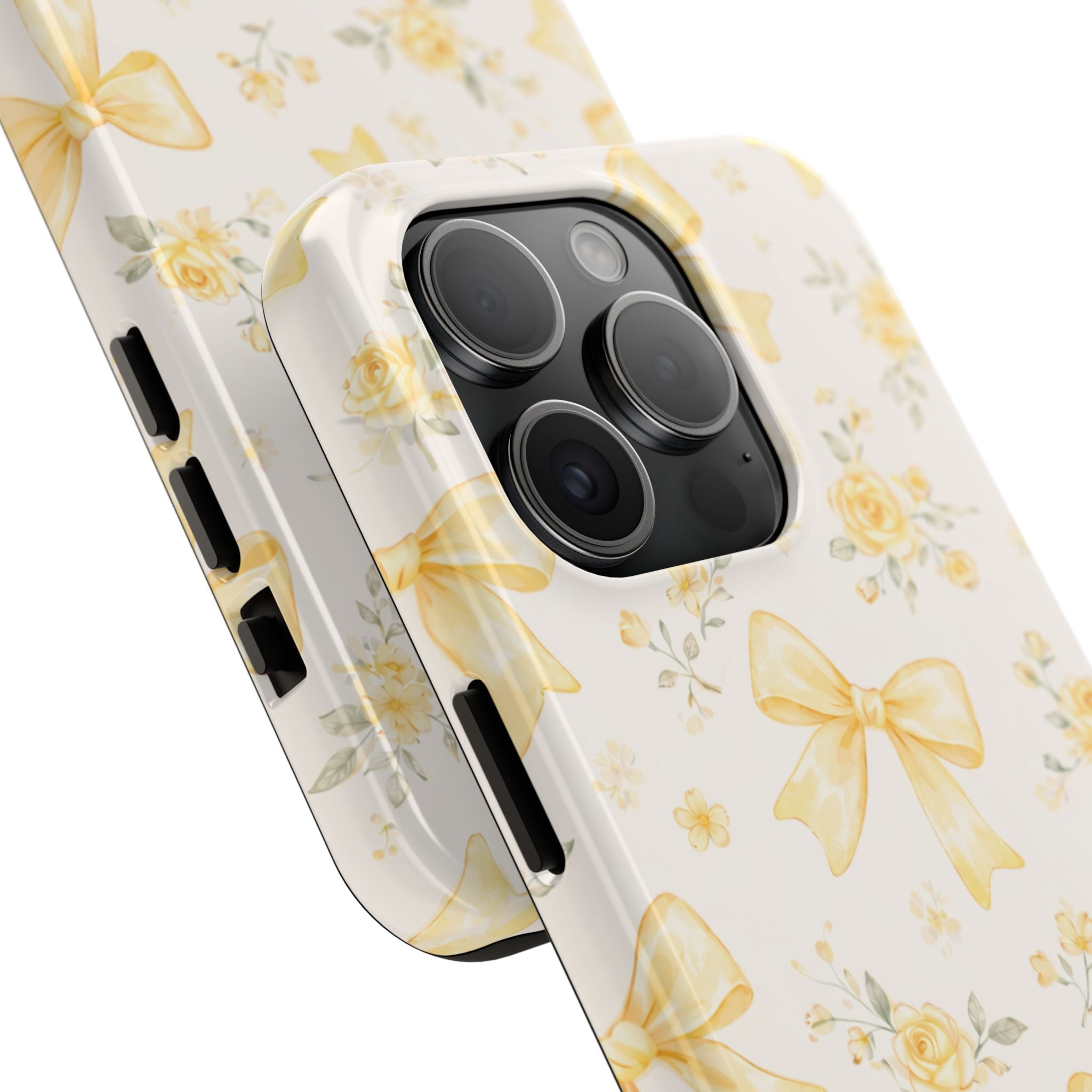 Yellow Bow Floral Phone Case, Cute Yellow Ribbon Pattern