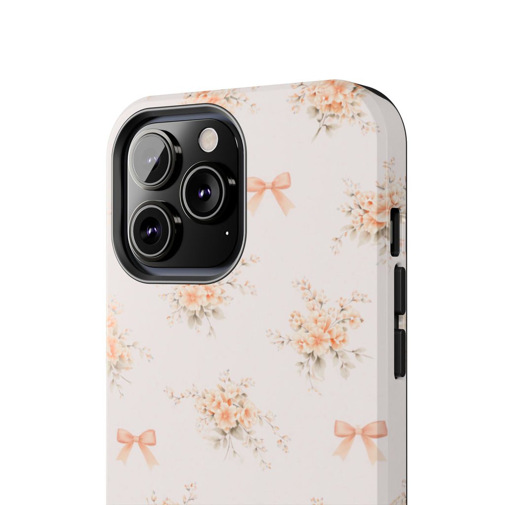 Vintage Peach Floral Bouquet iPhone Case, Tough Pastel Bow Pattern