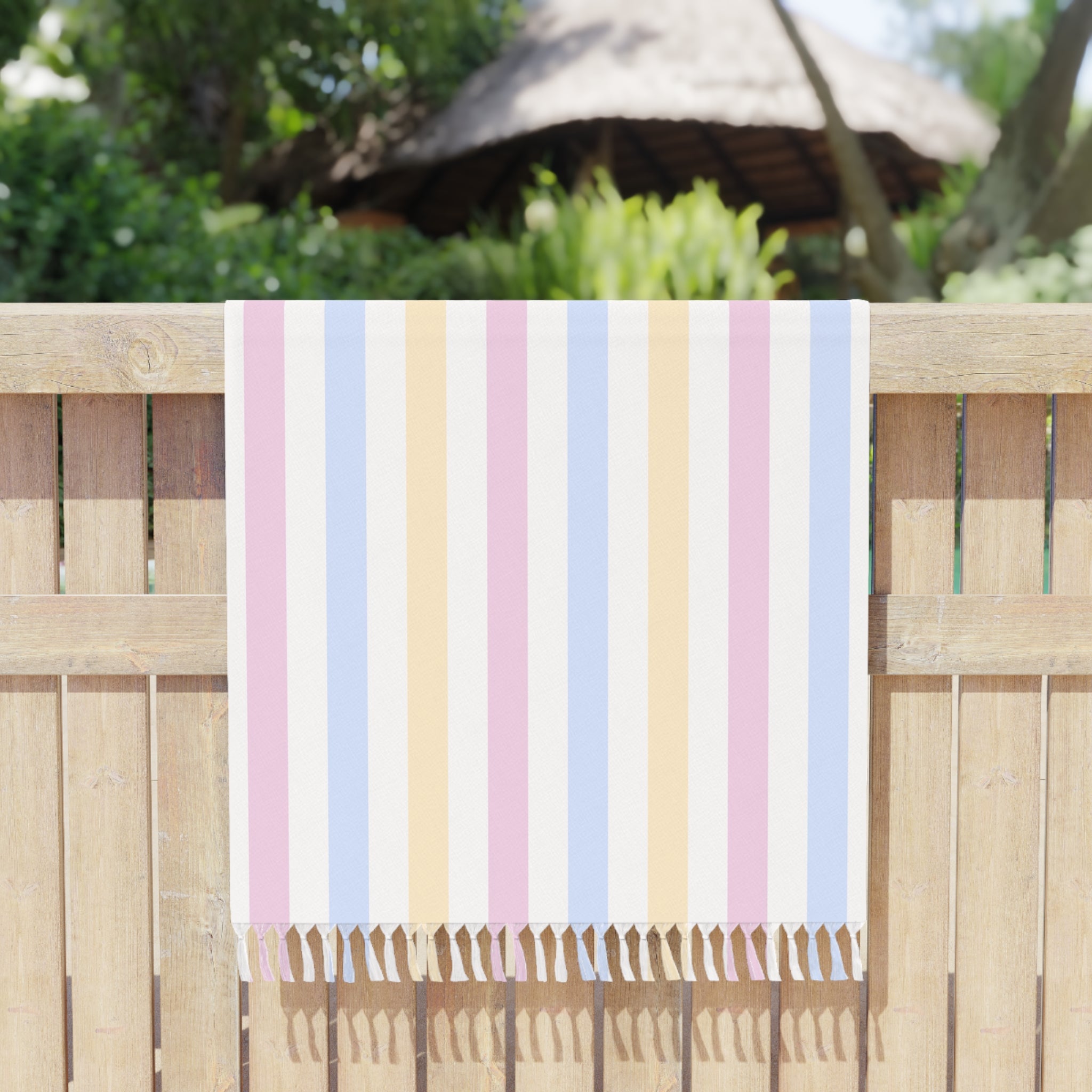 Pastel Boho Stripe Beach Blanket – Turkish Fringe Beach Blanket for Summer & Travel