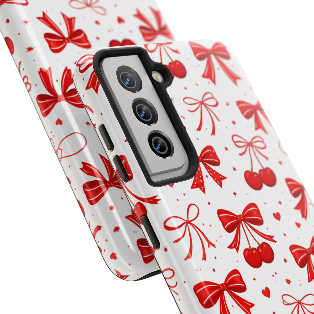 Red Bows and Cherries Tough Phone Case, Cherry Bow Pattern