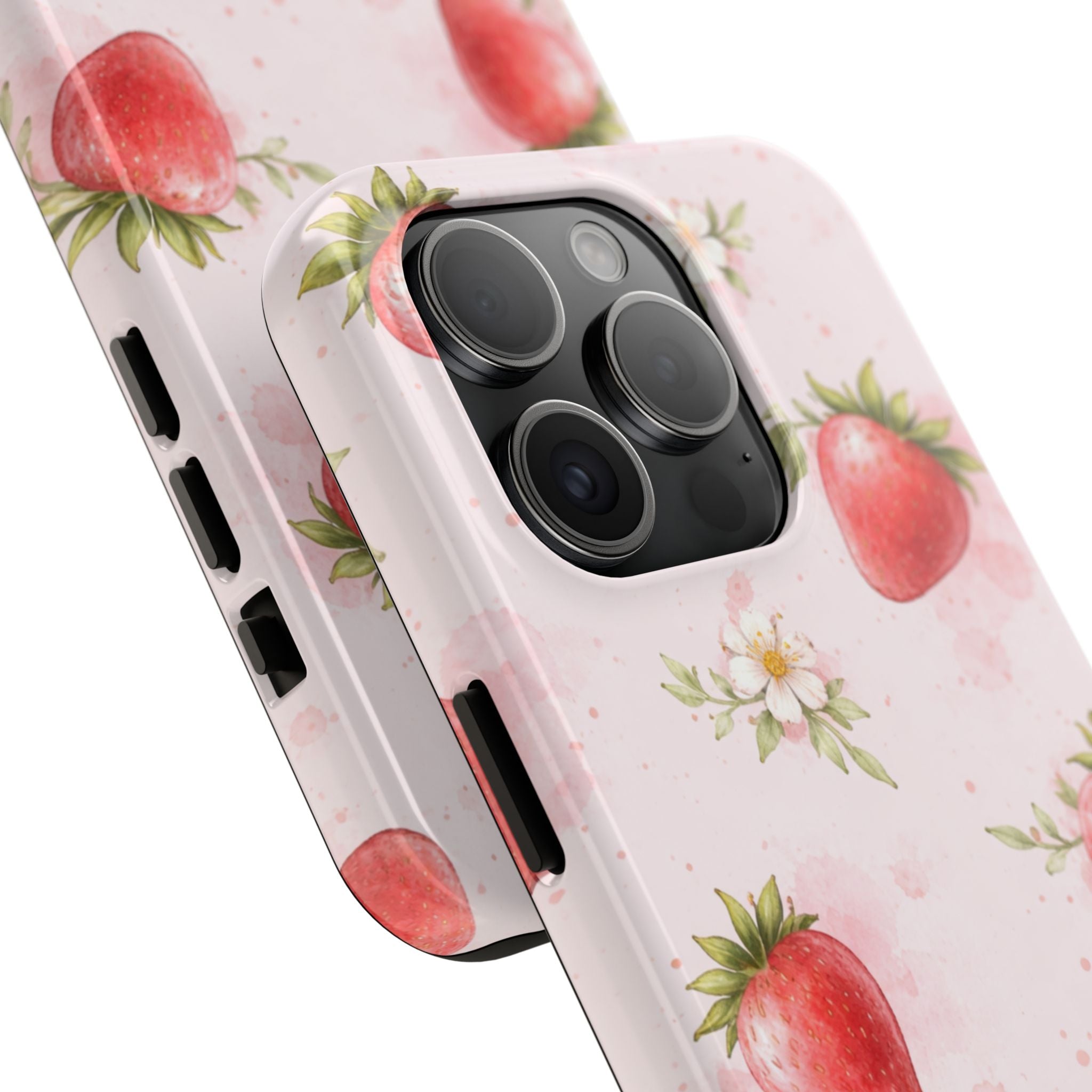 Watercolor Strawberry Phone Case, Pink Floral Fruit Pattern