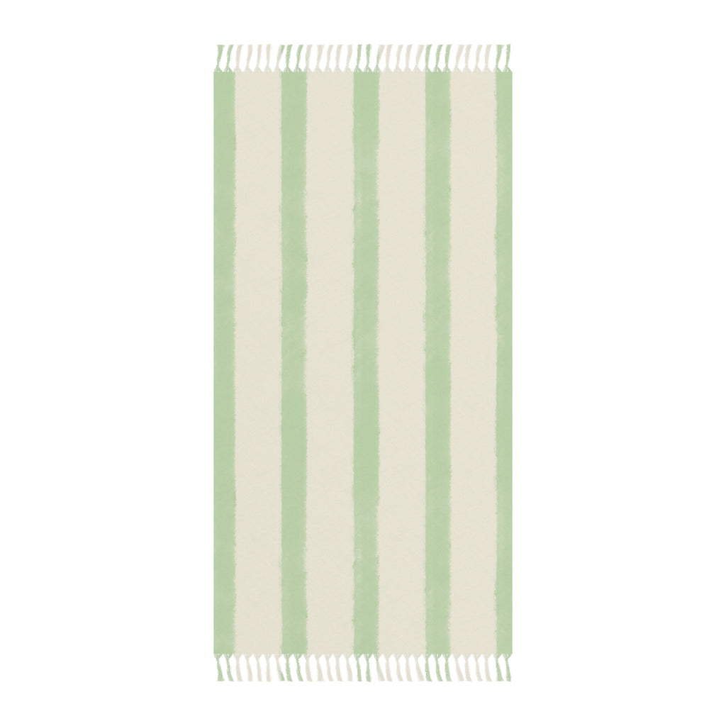 Sage Green Boho Stripe Beach Blanket – Turkish Peshtemal with Fringe