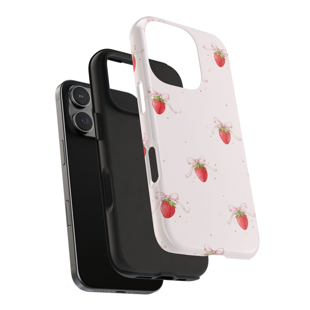 Pink Strawberry Pattern Tough Phone Case, Pastel Fruit Print