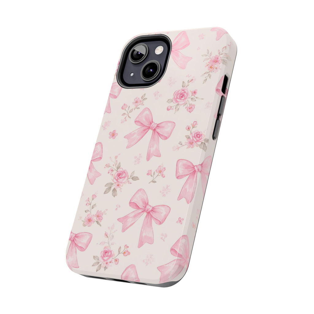 Pink Bow Floral Phone Case, Cute Vintage Rose Pattern
