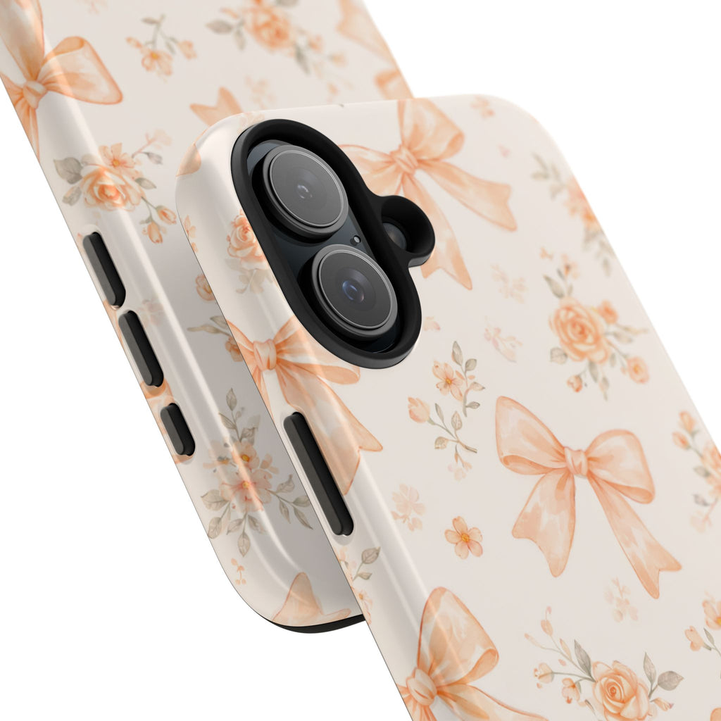 Peach Bow Floral Pattern Tough Phone Case, Peach Ribbon Design