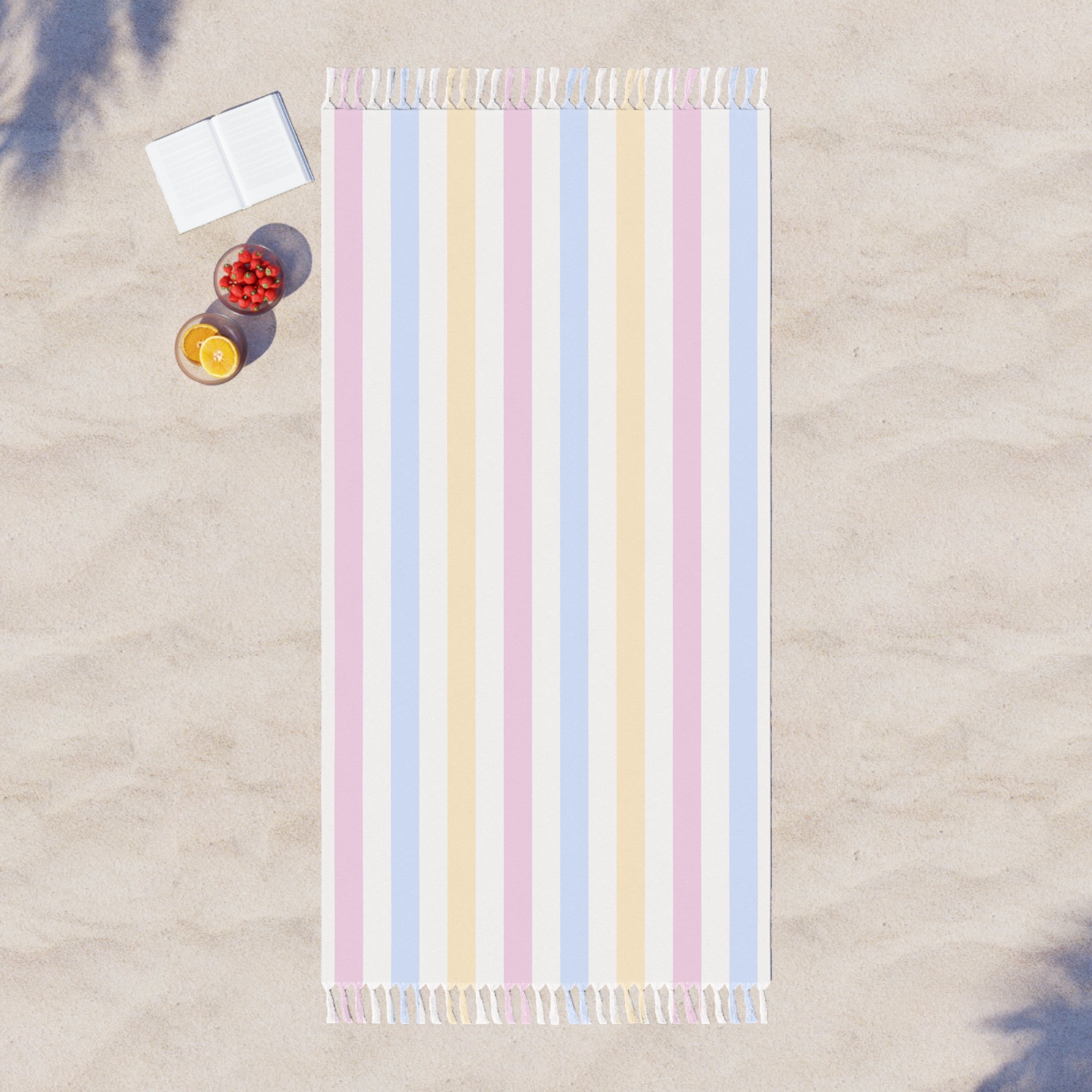 Pastel Boho Stripe Beach Blanket – Turkish Fringe Beach Blanket for Summer & Travel