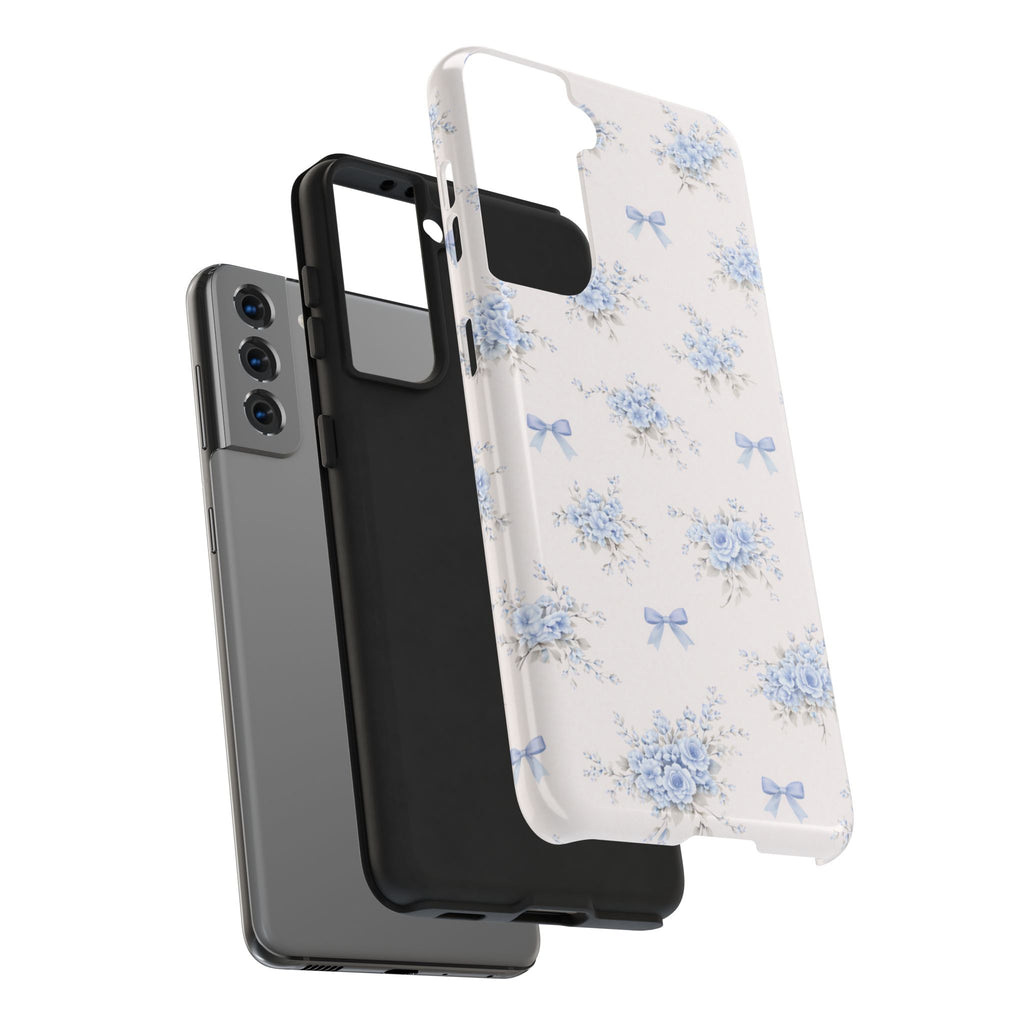 Blue Floral Bows Tough Samsung Galaxy Phone Case, Vintage Bouquet Pattern
