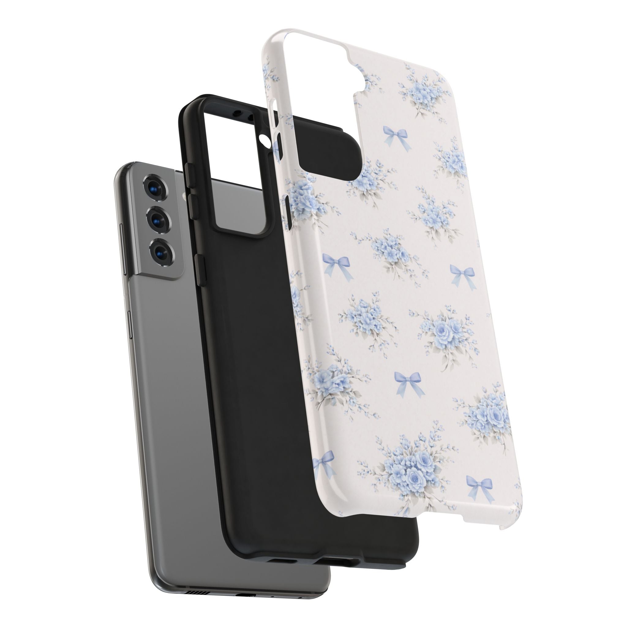 Blue Floral Bows Tough Samsung Galaxy Phone Case, Vintage Bouquet Pattern