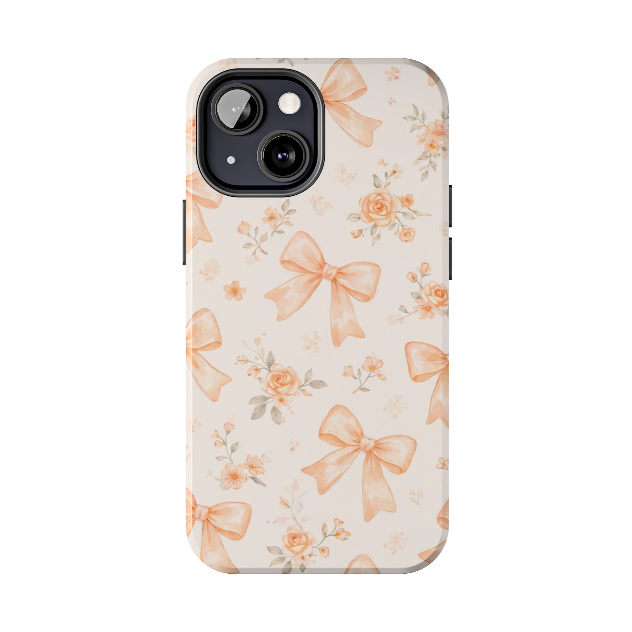 Peach Bow Floral Pattern Tough Phone Case, Peach Ribbon Design