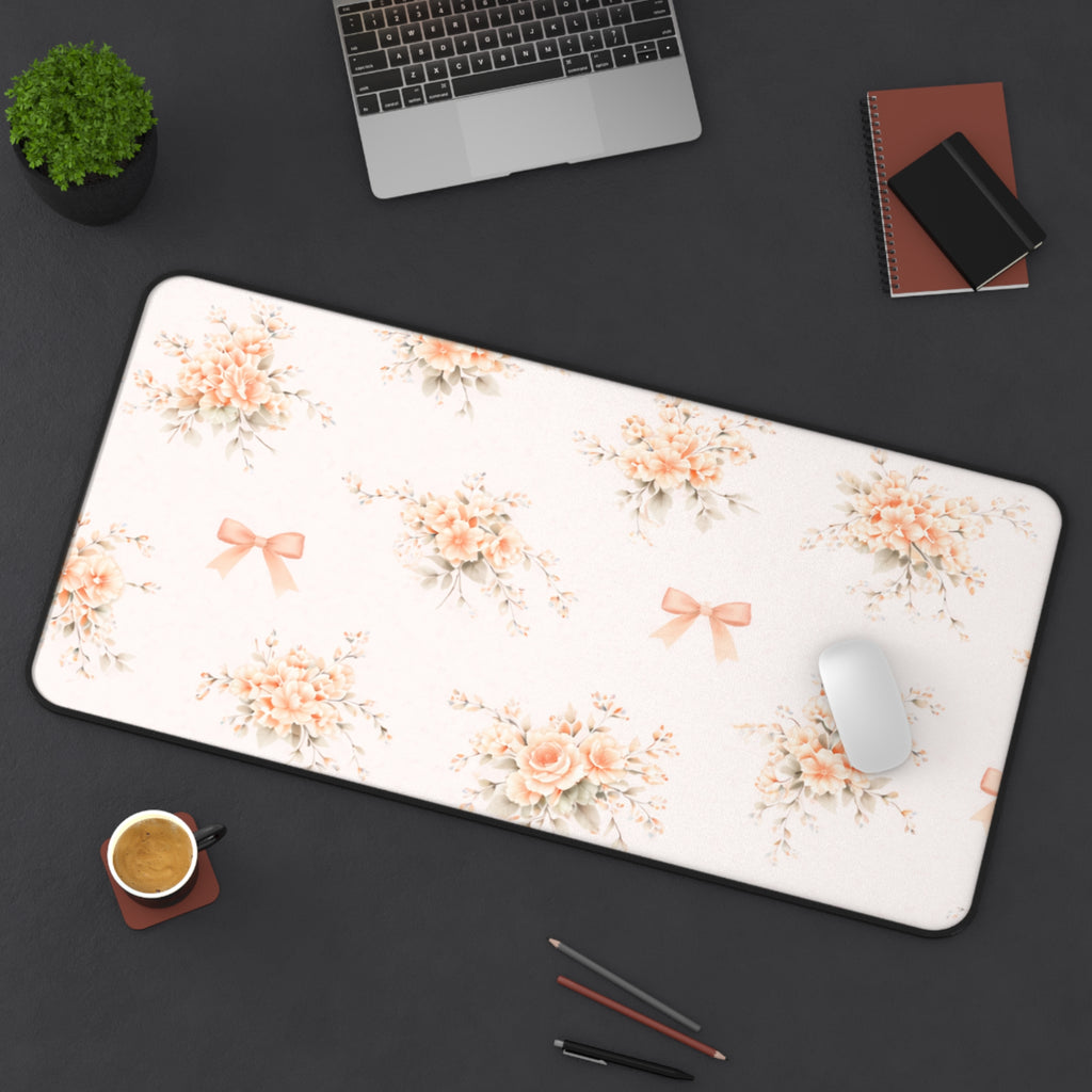 Vintage Peach Floral Bouquet Desk Mat, Roses and Bows Mousepad