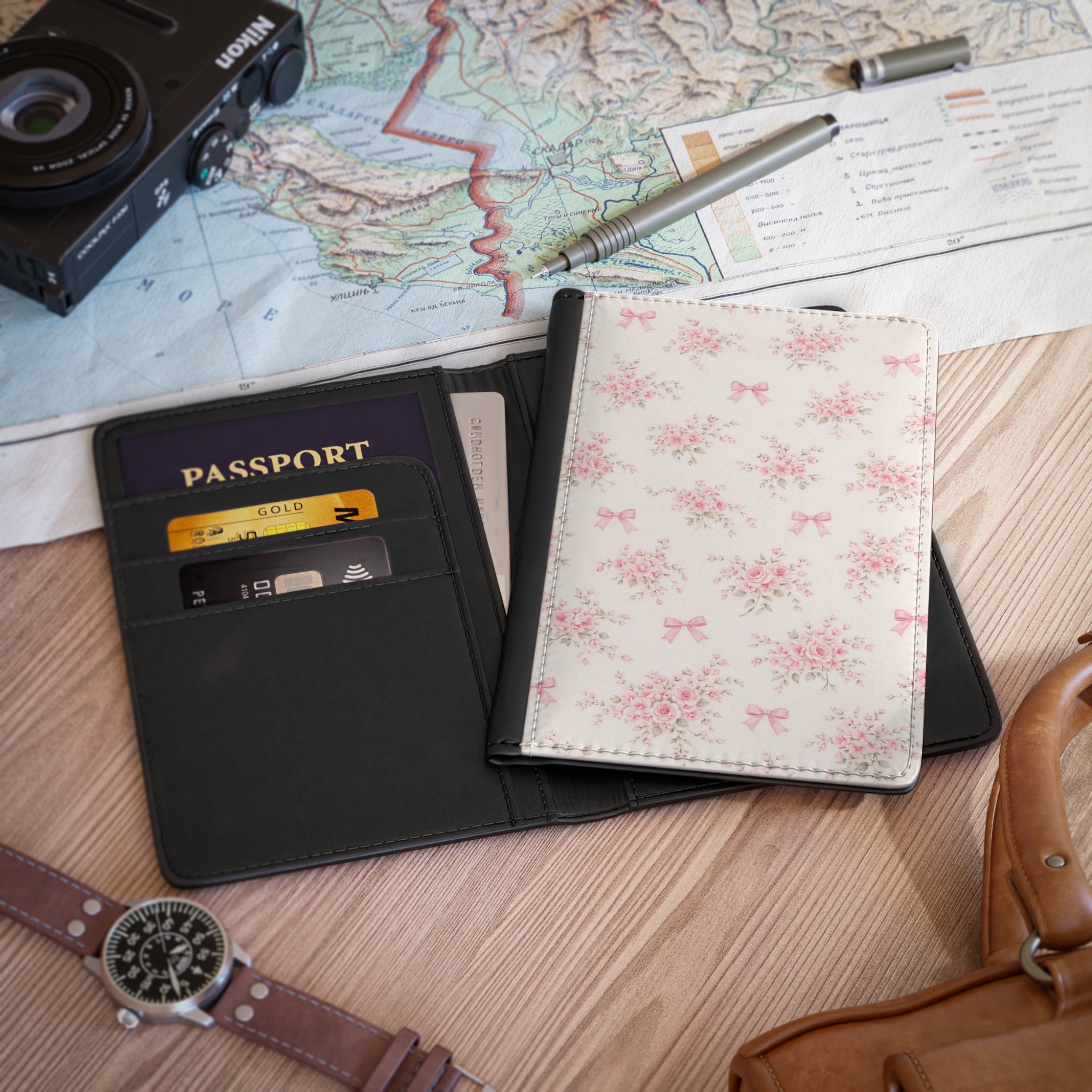 Pink Floral Bow pattern Passport Cover | Vintage Rose Travel Sleeve