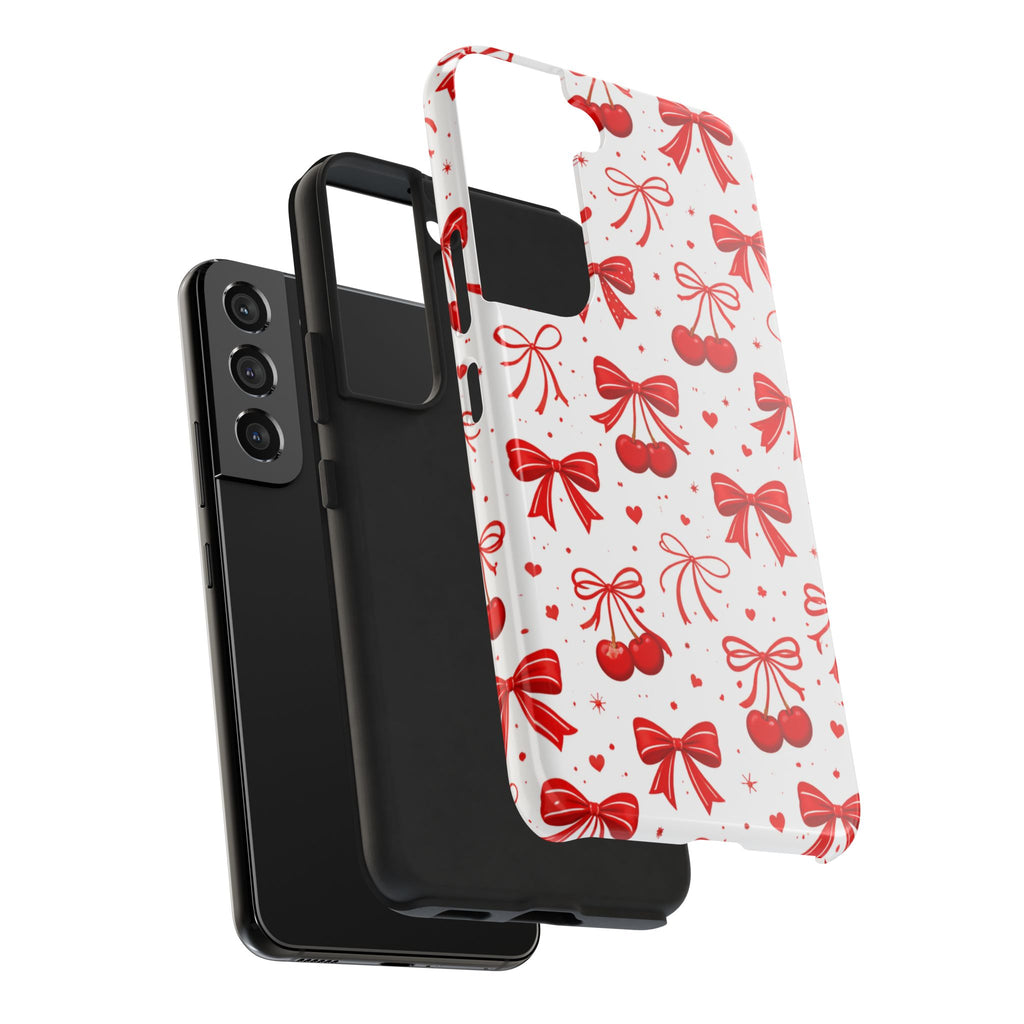 Red Bows and Cherries Tough Phone Case, Cherry Bow Pattern