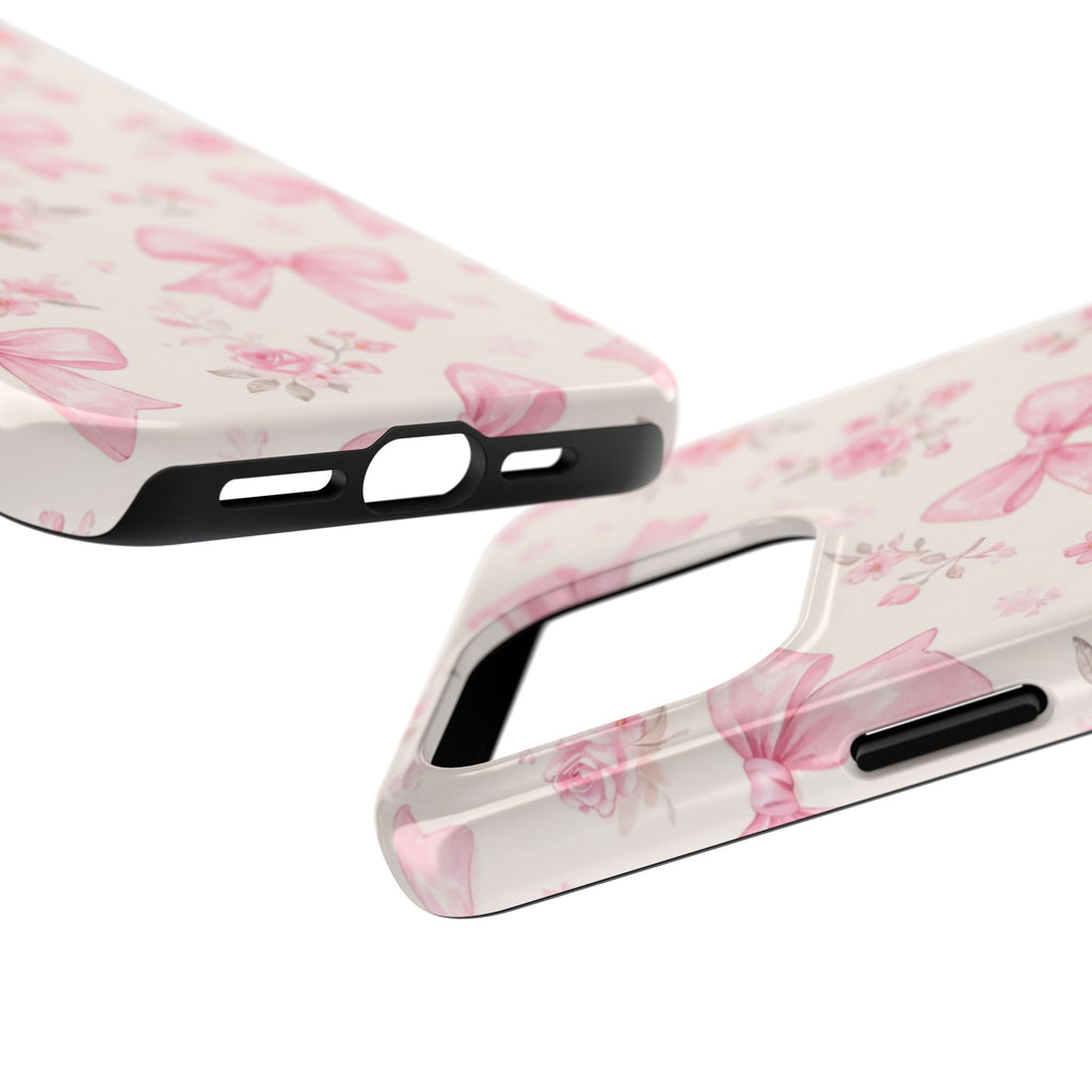 Pink Bow Floral Phone Case, Cute Vintage Rose Pattern