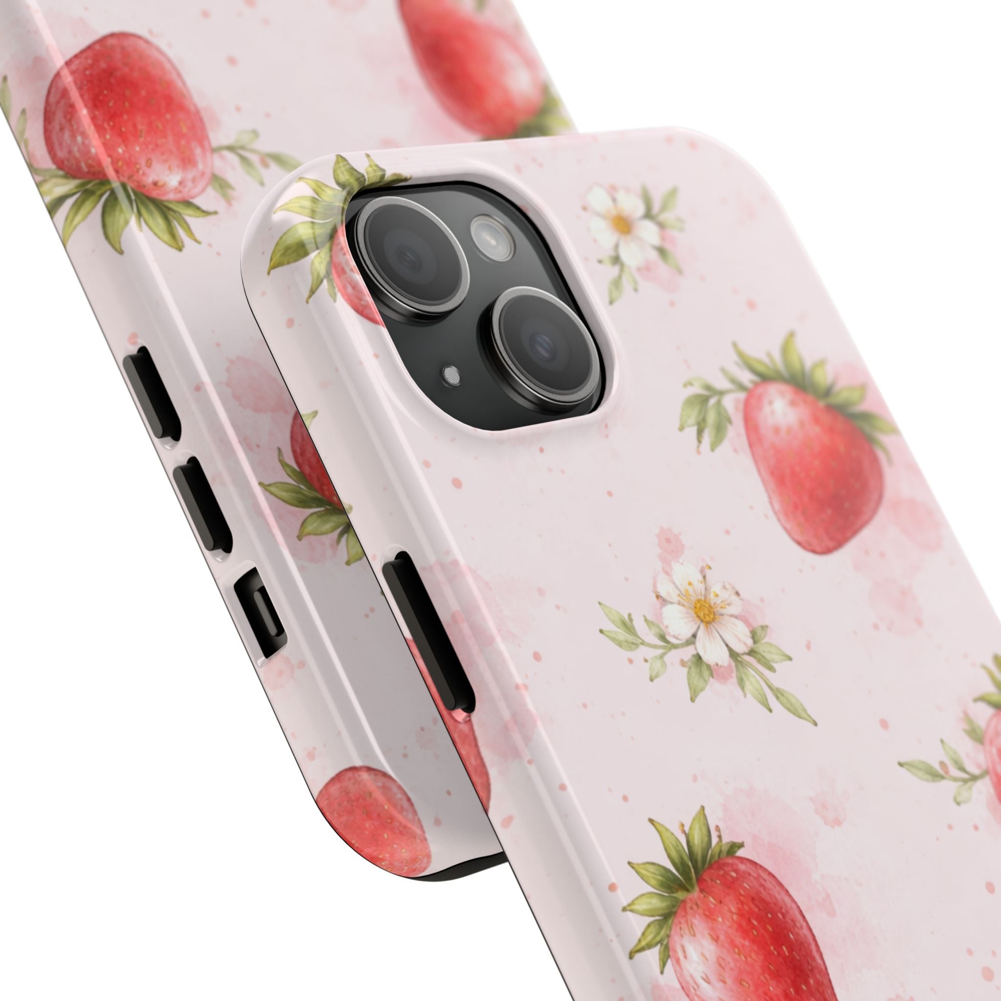 Watercolor Strawberry Phone Case, Pink Floral Fruit Pattern