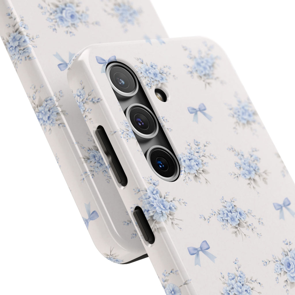 Blue Floral Bows Tough Samsung Galaxy Phone Case, Vintage Bouquet Pattern