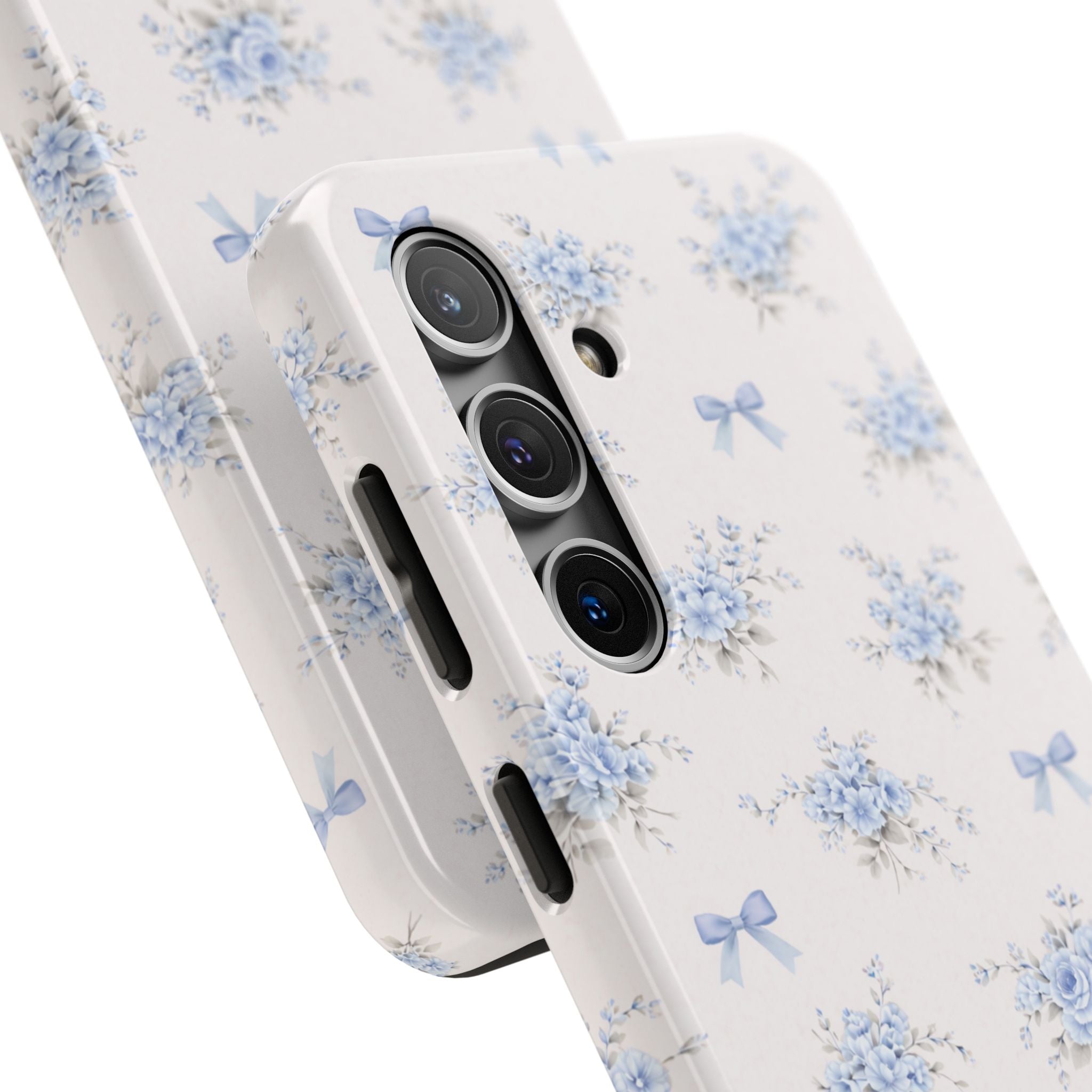 Blue Floral Bows Tough Samsung Galaxy Phone Case, Vintage Bouquet Pattern