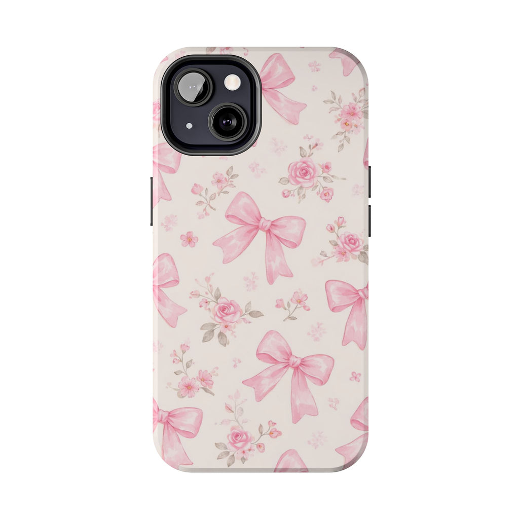 Pink Bow Floral Phone Case, Cute Vintage Rose Pattern