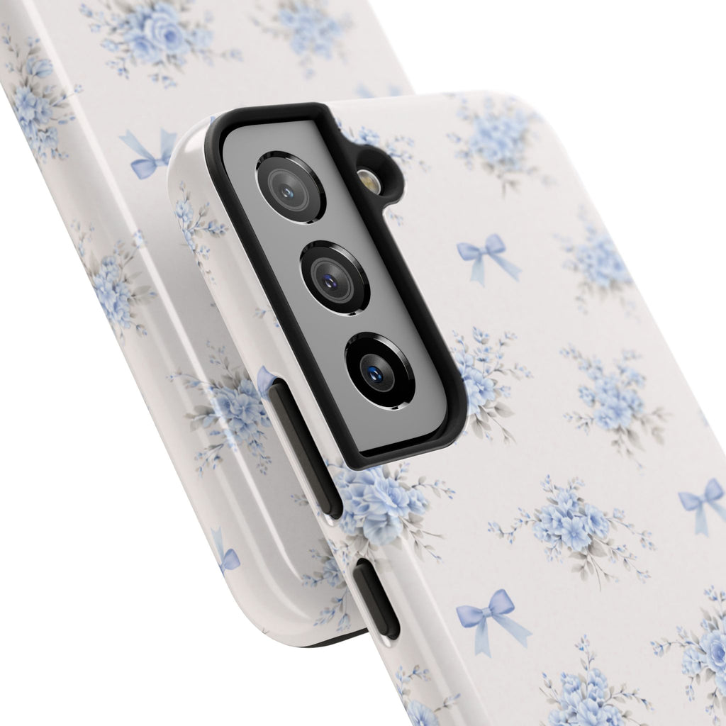 Blue Floral Bows Tough Samsung Galaxy Phone Case, Vintage Bouquet Pattern