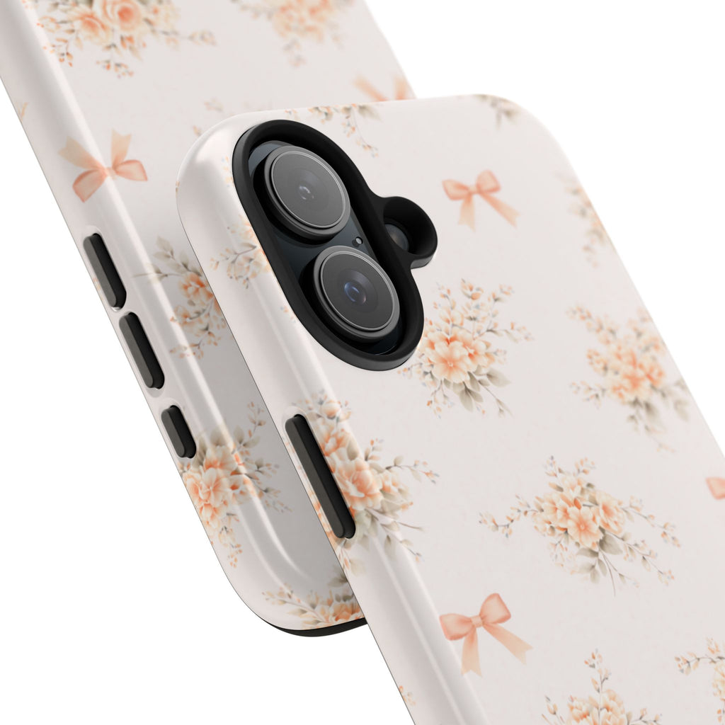 Vintage Peach Floral Bouquet iPhone Case, Tough Pastel Bow Pattern