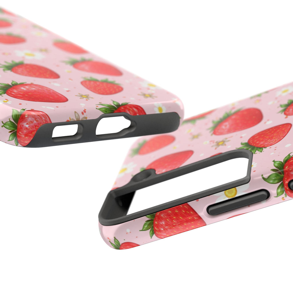 Pink Floral Strawberry Tough Phone Case, Fruit Pattern