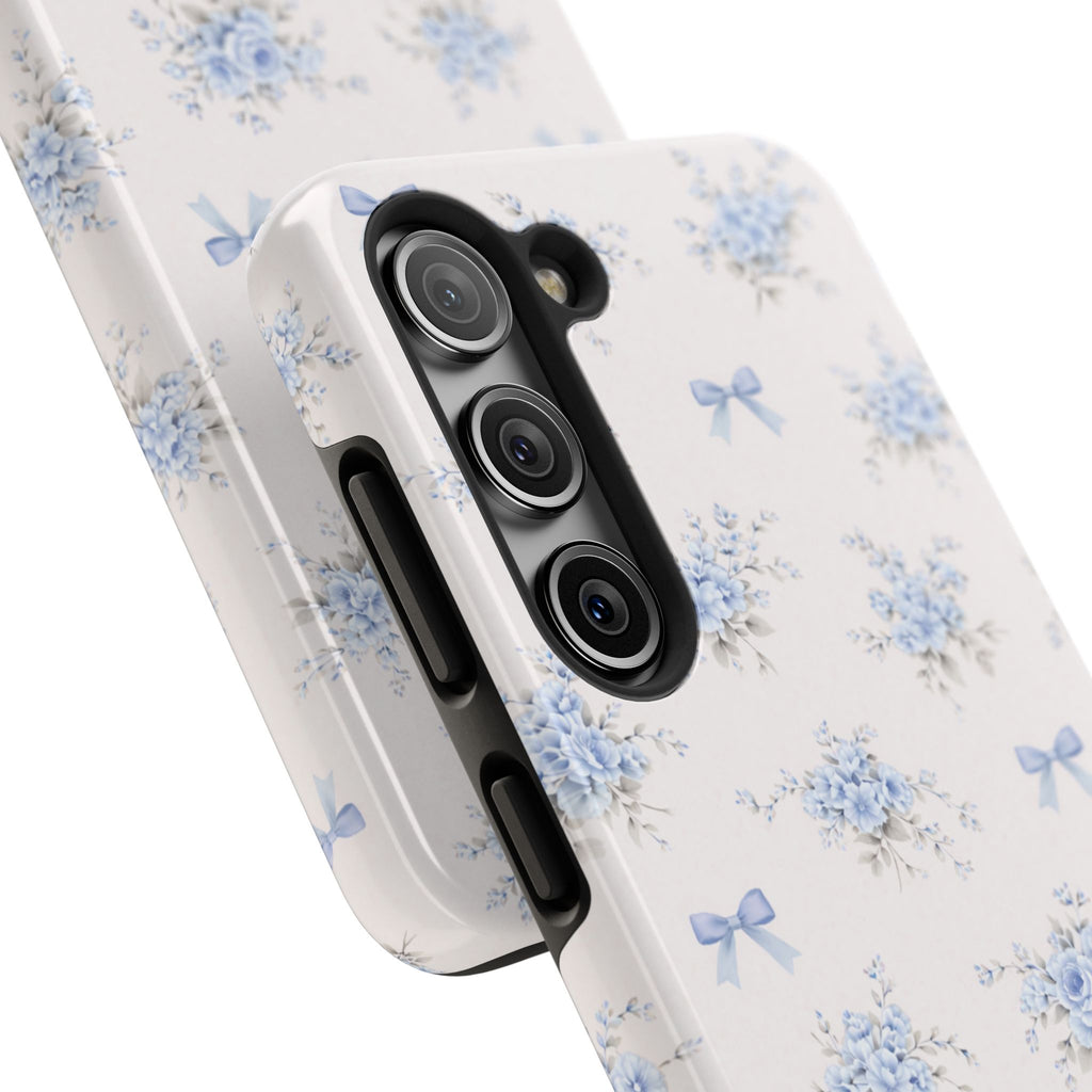Blue Floral Bows Tough Samsung Galaxy Phone Case, Vintage Bouquet Pattern