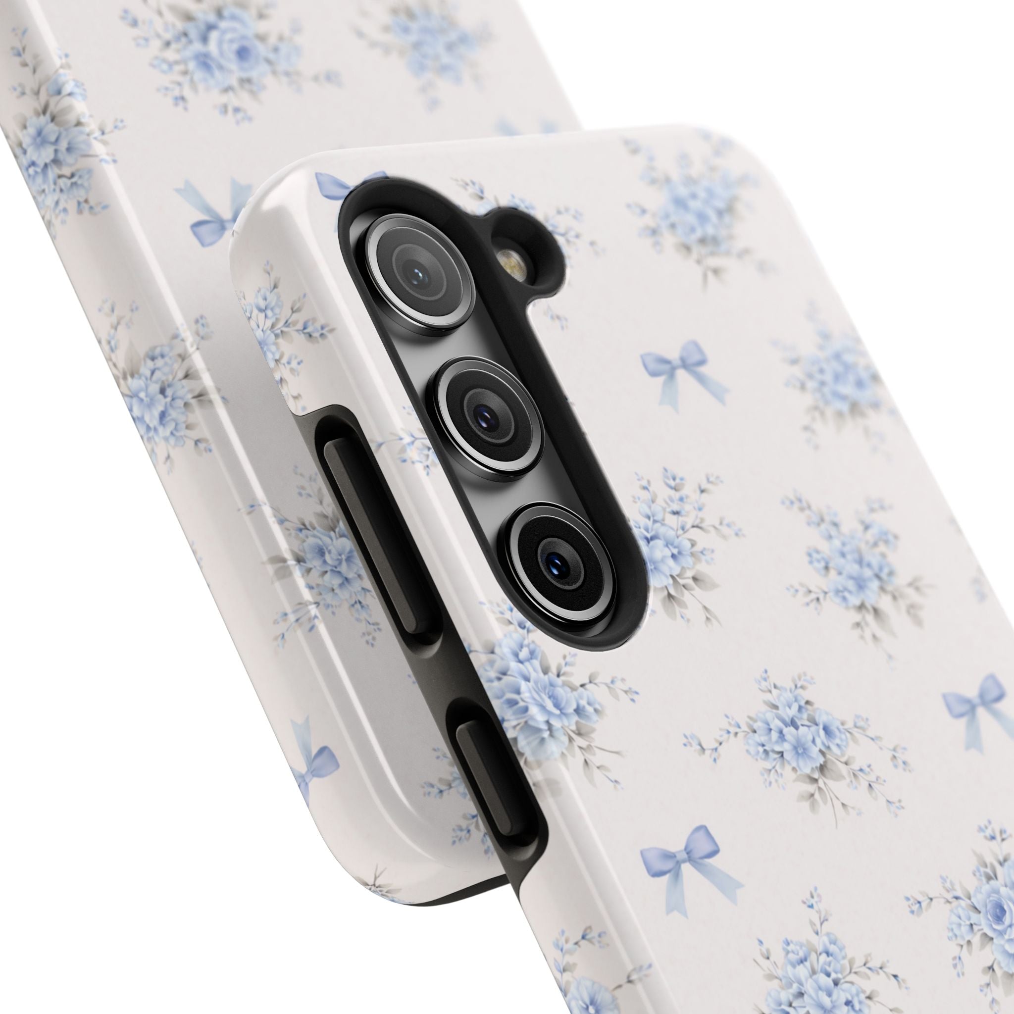 Blue Floral Bows Tough Samsung Galaxy Phone Case, Vintage Bouquet Pattern