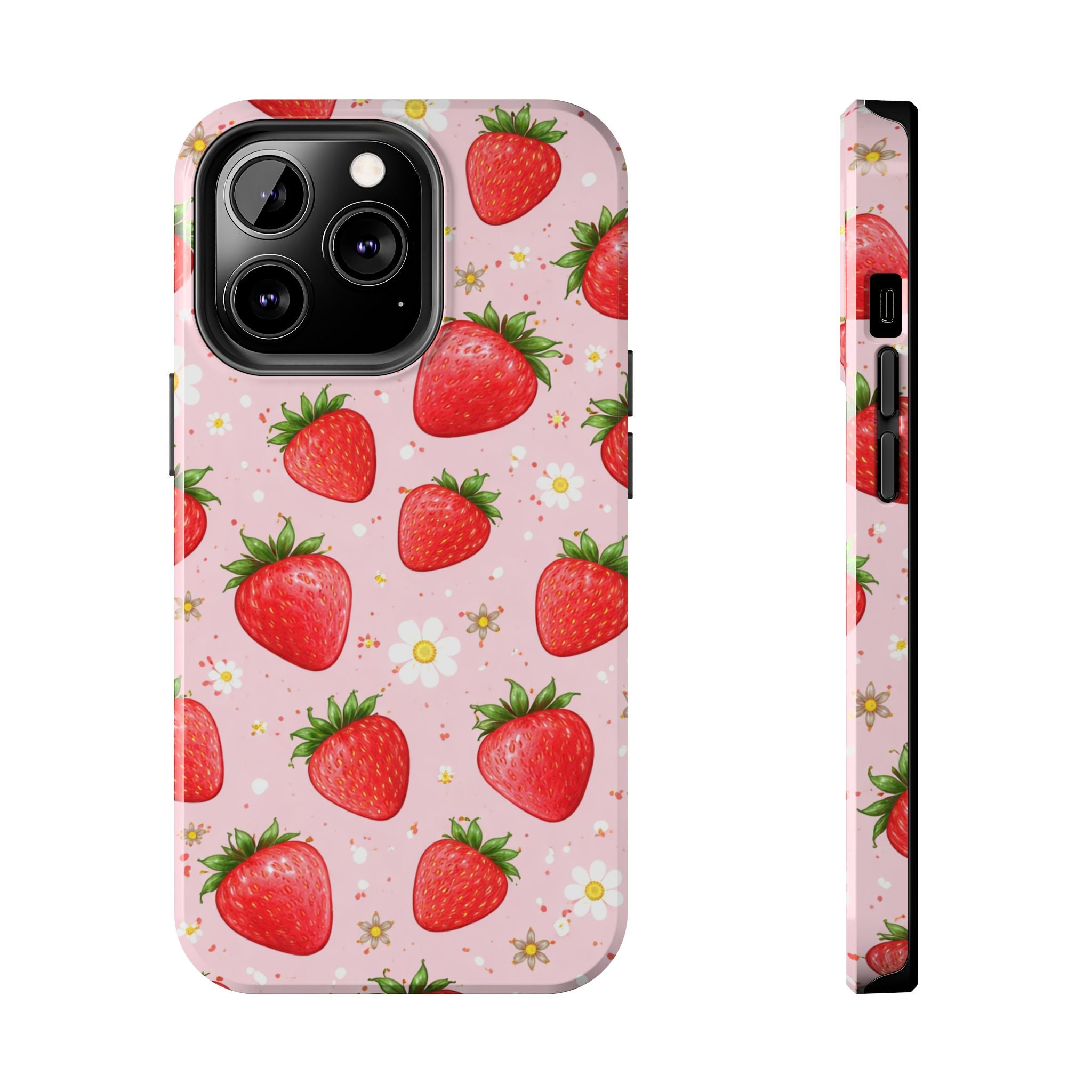 Pink Strawberry Print Phone Case, Soft Fruit Pattern