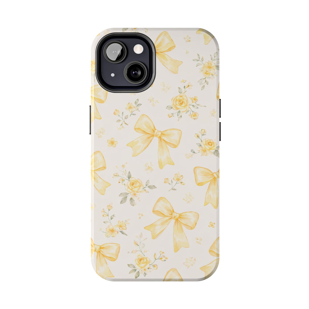 Yellow Bow Floral Phone Case, Cute Yellow Ribbon Pattern