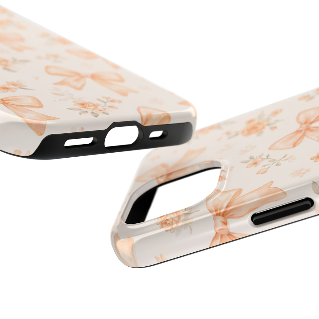 Peach Bow Floral Pattern Tough Phone Case, Peach Ribbon Design