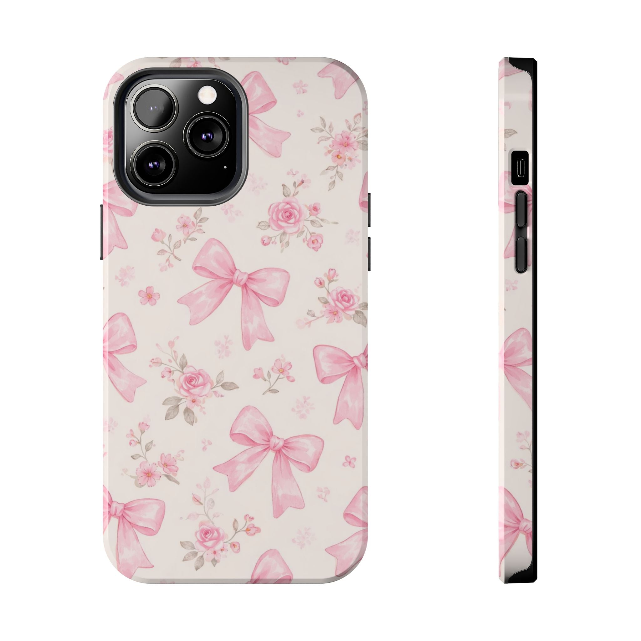 Pink Bow Floral Phone Case, Cute Vintage Rose Pattern