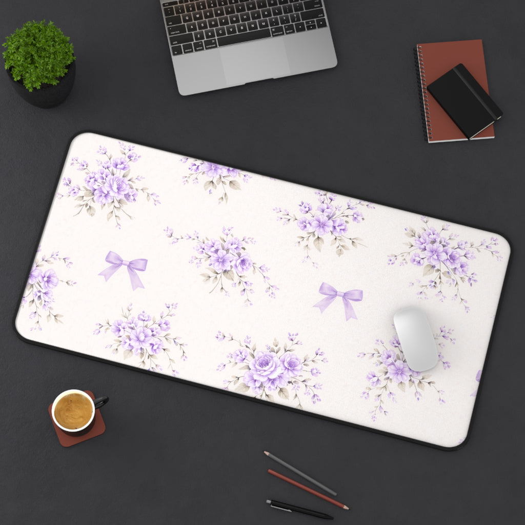 Lavender Floral Bouquet Desk Mat | Purple Ribbon Pattern