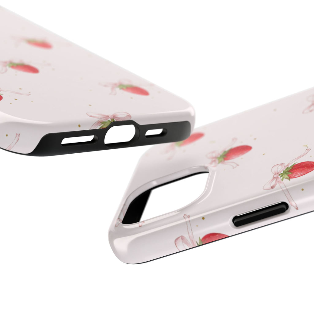 Pink Strawberry Pattern Tough Phone Case, Pastel Fruit Print