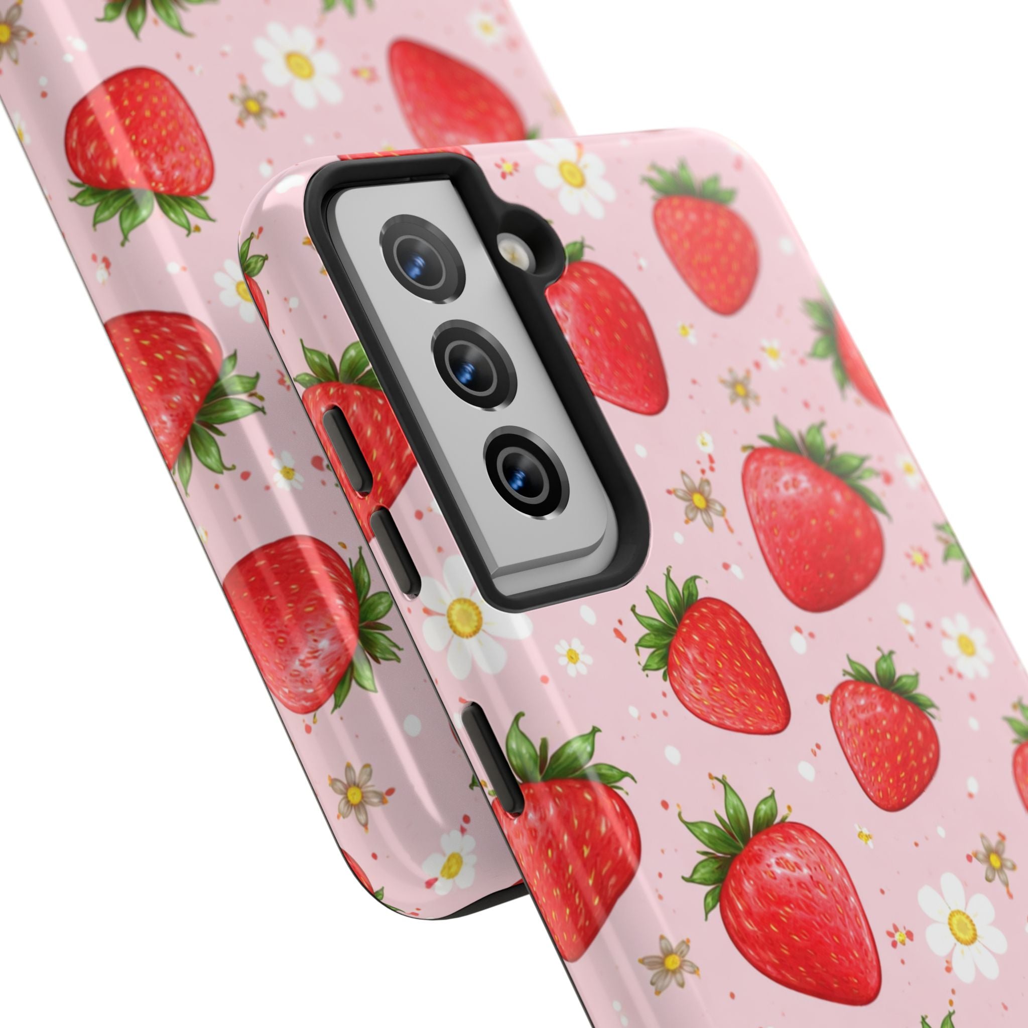 Pink Floral Strawberry Tough Phone Case, Fruit Pattern